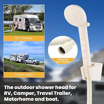 RV Shower Head with Hose, RV Outside Shower Parts with Pause Function, Outdoor Shower Replacement for RV, Camper, Van, Travel Trailer, Motorhome and Boat (Milky White)