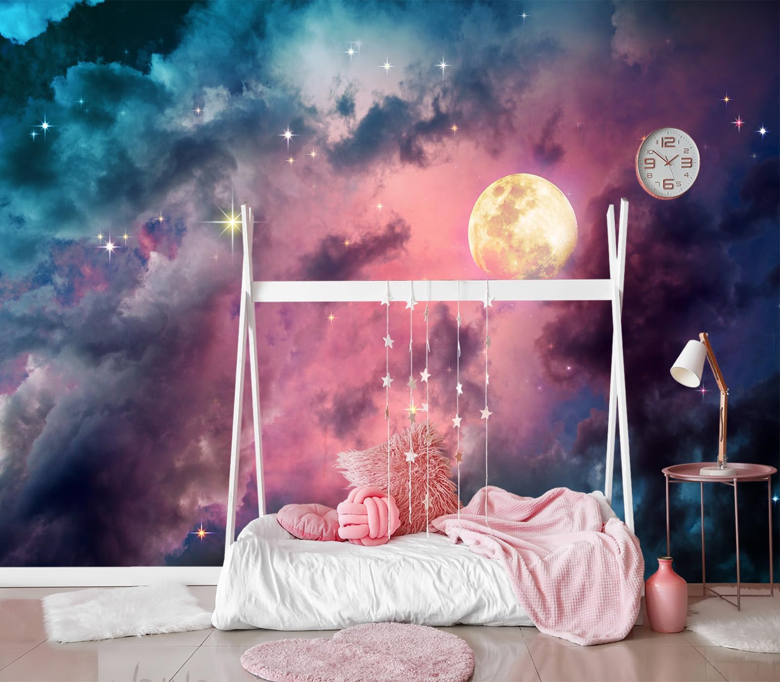 XMPMBM-Starry Sky Clouds the Moon backsplash Large Decorative Geometrical Wallpaper Bedroom Bathroom wall Mural- W 154" X H 105"（112 Square Foot）