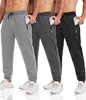 lomsoe 3 Pack Men's Tapered Joggers Sweatpants with Zip Pockets - Slim Fit Gym Running Pants for Comfortable Workouts