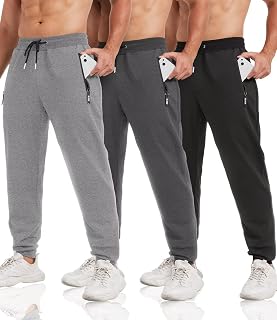 lomsoe 3 Pack Men's Tapered Joggers Sweatpants with Zip Pockets - Slim Fit Gym Running Pants for Comfortable Workouts