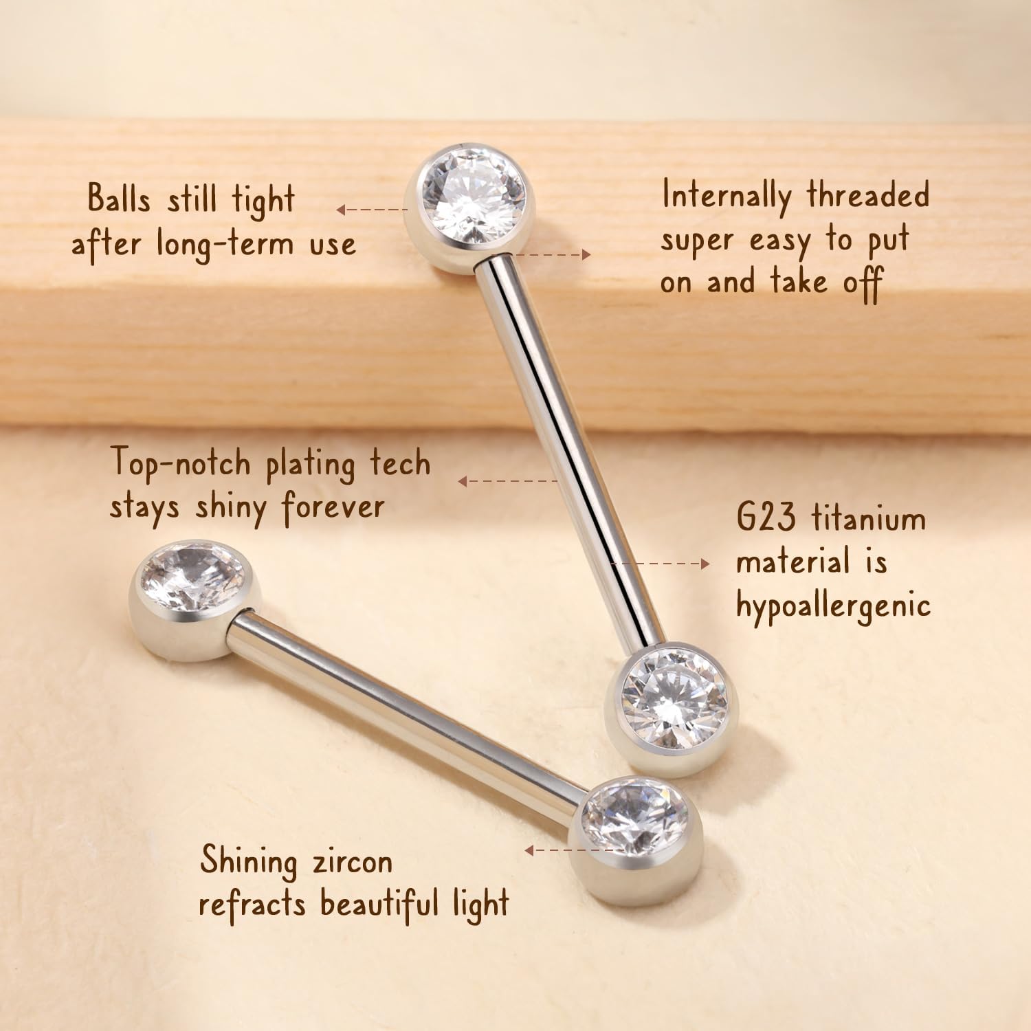 AROWRO Nipple Piercing Jewelry Nipple Rings Titanium Nipple Rings Implant Grade Hypoallergenic 14G Internally Threaded Straight Barbells with Cubic Zirconia Opal Gold Silver Rose Gold Black 12mm 14mm 16mm 18mm 20mm - Image 2