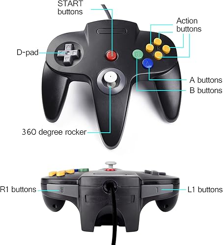Vista 5 de Controlador clásico N64, Retro N64 64-bit Remote Gamepad Joystick para consola N64 sistema de videojuegos (negro)