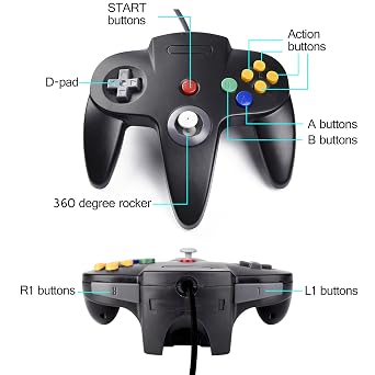 KIWITATA 2xClassic N64 Controller, Retro N64 Remote Wired Game Joystick Replacement Controller for N64 Console N 64 System Black+Gray