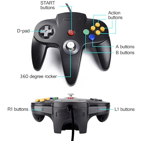 KIWITATA 2xClassic N64 Controller, Retro N64 Remote Wired Game Joystick Replacement Controller for N64 Console N 64 System Black+Gray