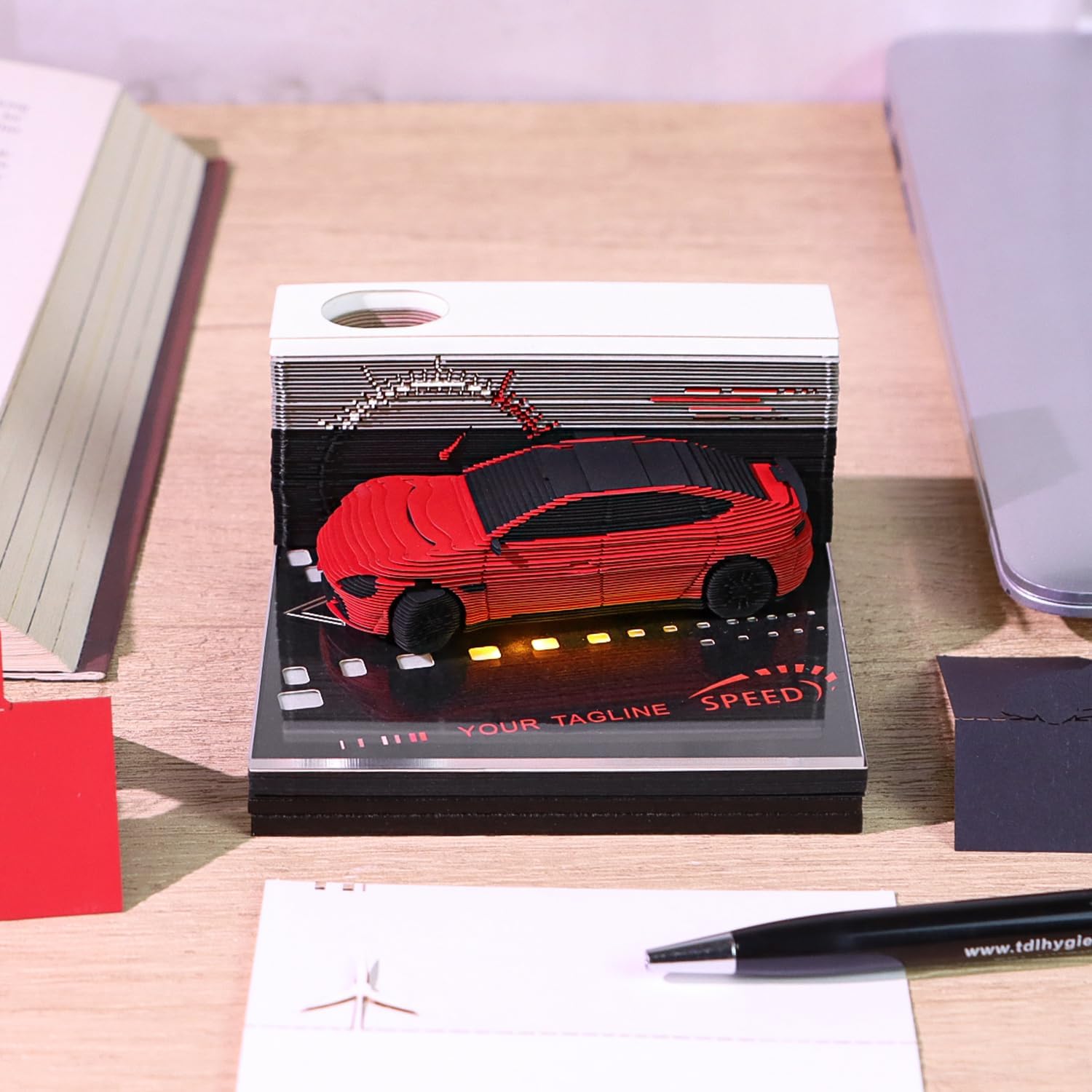 3D Calendar 2026,3D Desk Calendar 2026 Time Piece Calendar 3D Art Memo Pad Paper Sculpture Red Car, 2026 Tear Off Calendar DIY Decorative Gift