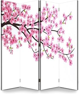 4 Panels Folding Screen Room Divider Pink Cherry Blossoms White Canvas Screen Room Separator Freestanding Protective Wall Divider Privacy Partition