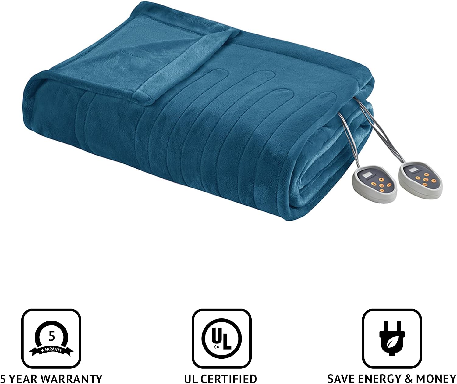 Beautyrest Plush Electric Blanket for Cold Weather, Fast Heating, Auto Shut Off, Virtually Zero EMF, Multi Heat Setting, UL Certified, Machine Washable, Teal King (90 inx100 in)