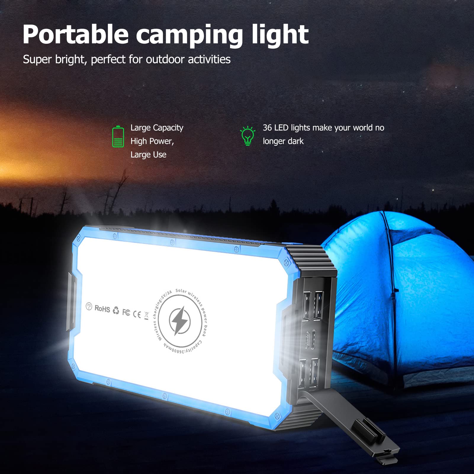 Chargeur Solaire Power Bank 36800 MAh avec Charge Rapide sans Fil, 4 Sorties USB, Entrée, 34 LED pour Le Camping en Plein Air, la Randonnée, Les Voyages