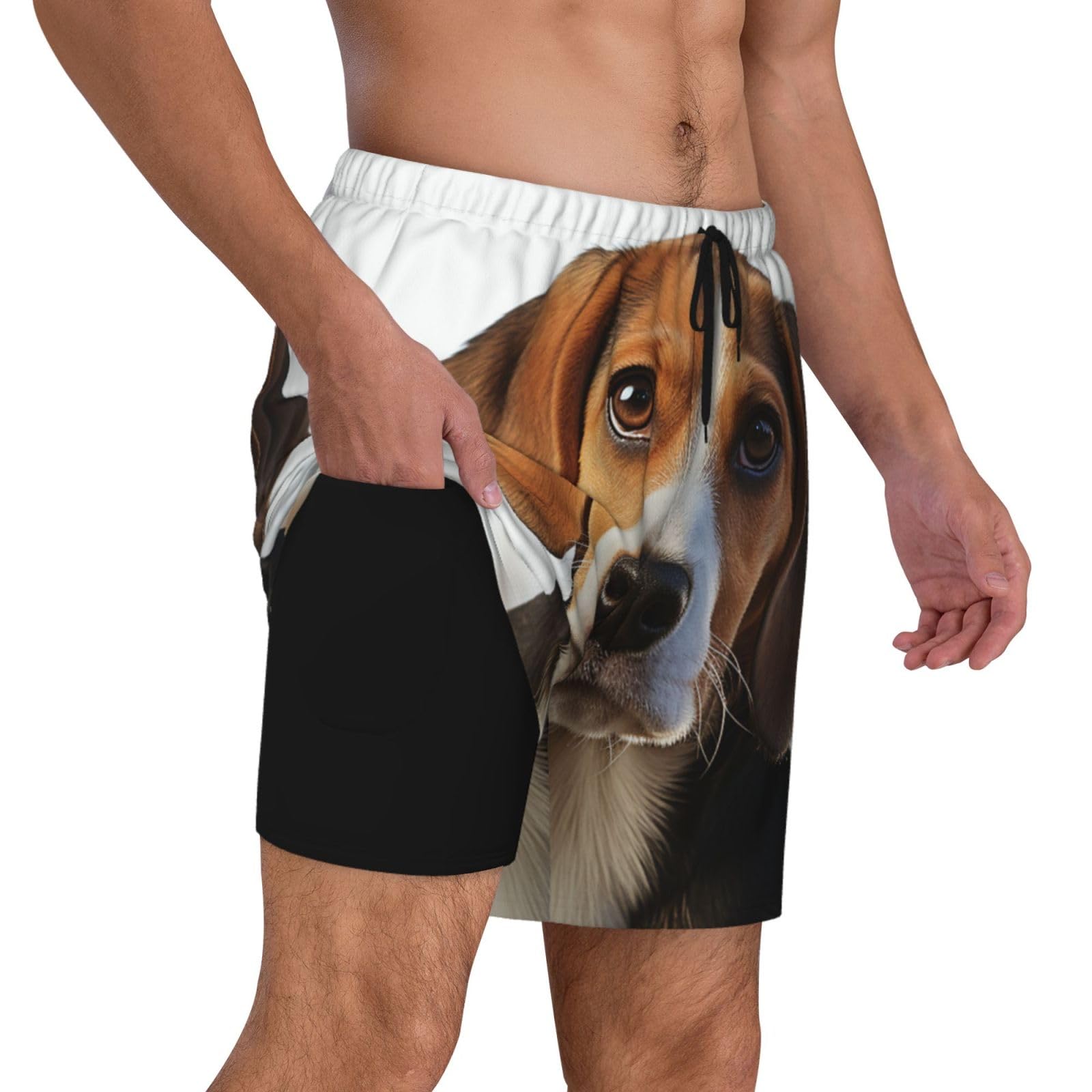 JHLMN Men's Swim Trunks Quick Dry Board Shorts Drawstring Beach Short Cute Beagle Dog Bathing Suit for Men XX-Large Black