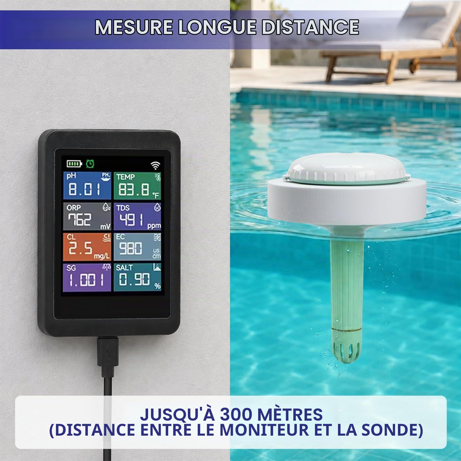 Testeur d'eau intelligent WiFi 8-en-1 pH TDS EC Chlore Salinité ORP Densité Temp, app Tuya surveillance à distance piscine aquarium spa