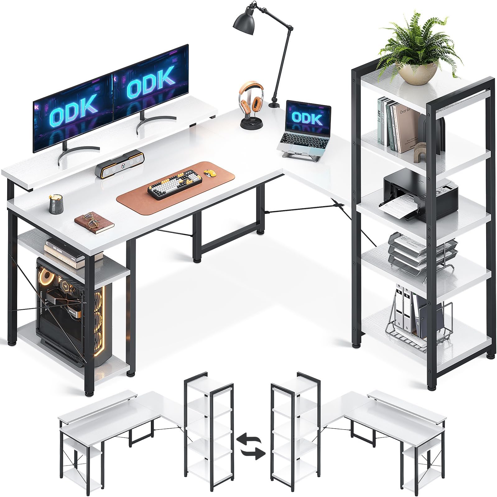 ODK Corner Desk with Shelves, Reversible L Shaped Desk with Monitor Stand, Reversible Home Office Table, White, 140×137 cm