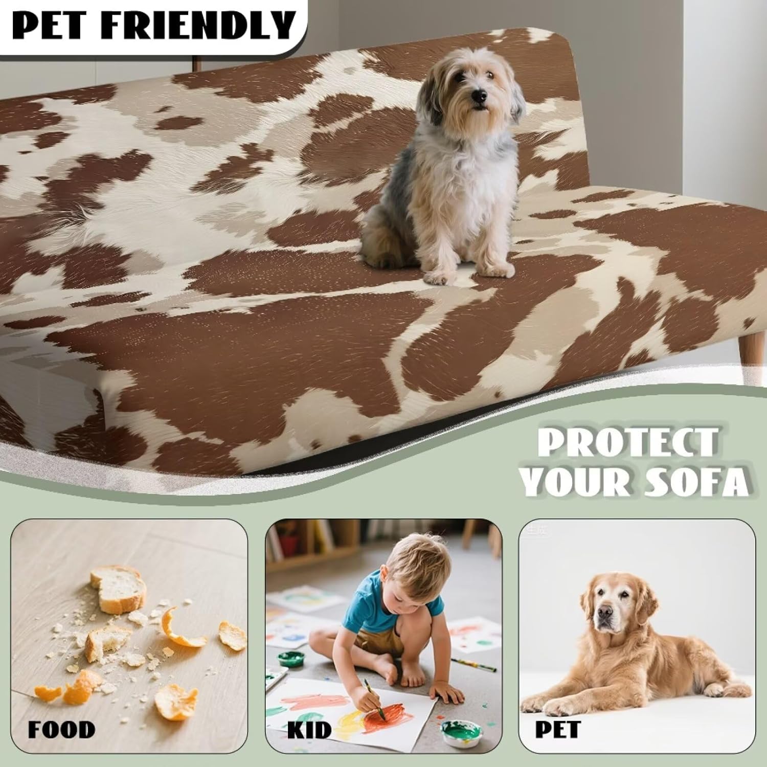 Cow Print Brown Beige Dustproof Futon Covers, Cozy Sofa Bed Slipcovers, Mattress Cover for Futon Sofa Bed, Armless Sofa Cover with Elastic Bottom for Pets, Dogs