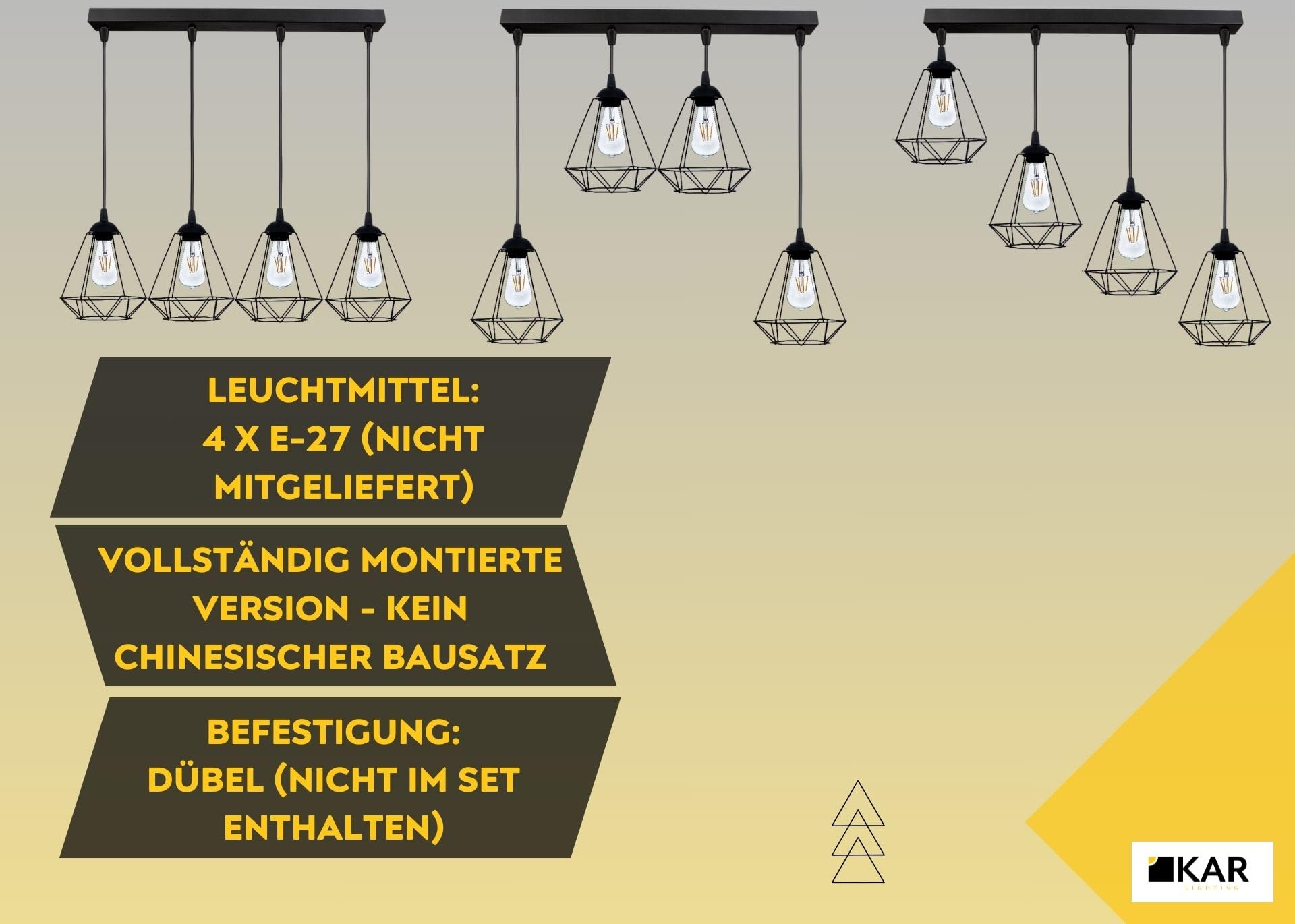 Pendellampe 4-flammig Schwarz – höhenverstellbare Loft Hängeleuchte aus Metall – E27 Hängelampe für Wohnzimmer, Esszimmer, Küche oder Büro – LED geeignet