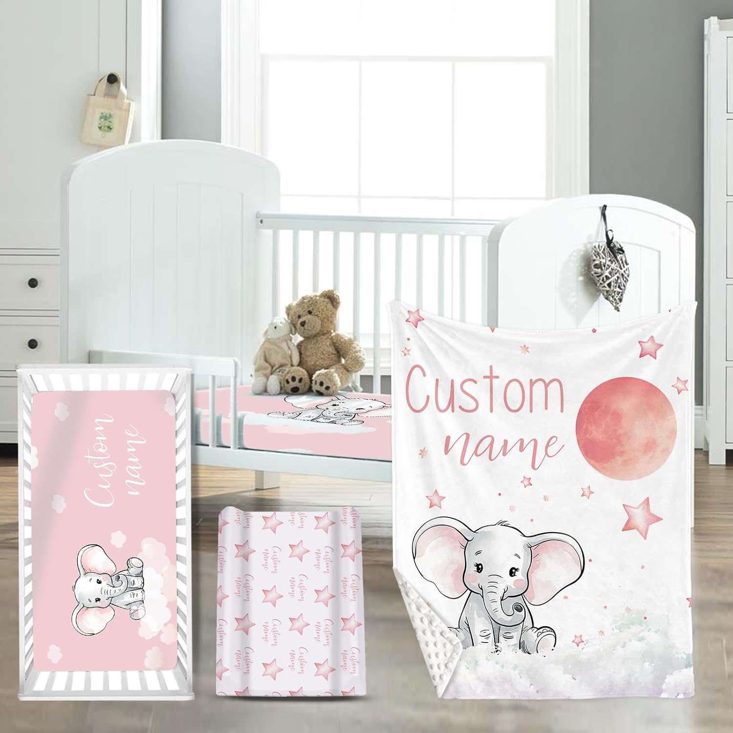 Custom Name Girl Crib Bedding Set for Infant Baby, Personalized Nursery Decor Elephant Pink Baby Blanket Fitted Crib Sheet Changing Pad Cover 3 Pcs, Great Gift from Parents