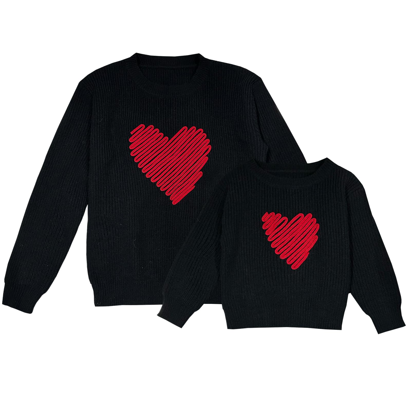 Mommy and Me Outfits Heart Sweater Long Sleeve Crewneck Knit Pullover Tops Family Matching Outfits Toddler Sweater (Kid, 12 Years, Black)
