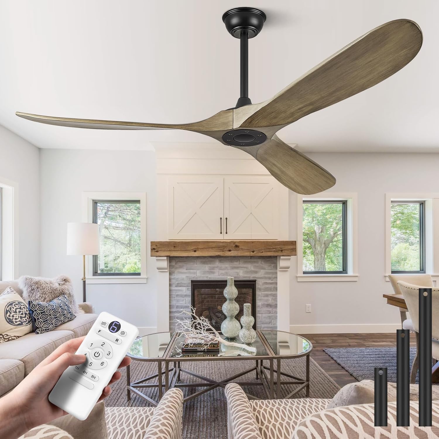 ABZ 52" Ceiling Fan without Light - 52 inch Propeller Solid Wood Blades Bronze Gray Ceiling Fan no Light with Remote Control for Outdoor Indoor Patio Porch Living Room