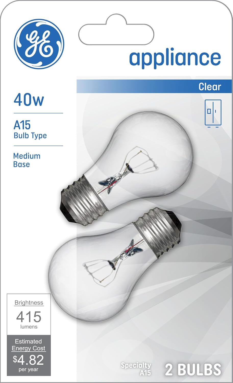 GE 40W Soft White A15 Appliance Bulbs 2-Pack - Dimmable Incandescent 2700K Warm Light for Home Fixtures