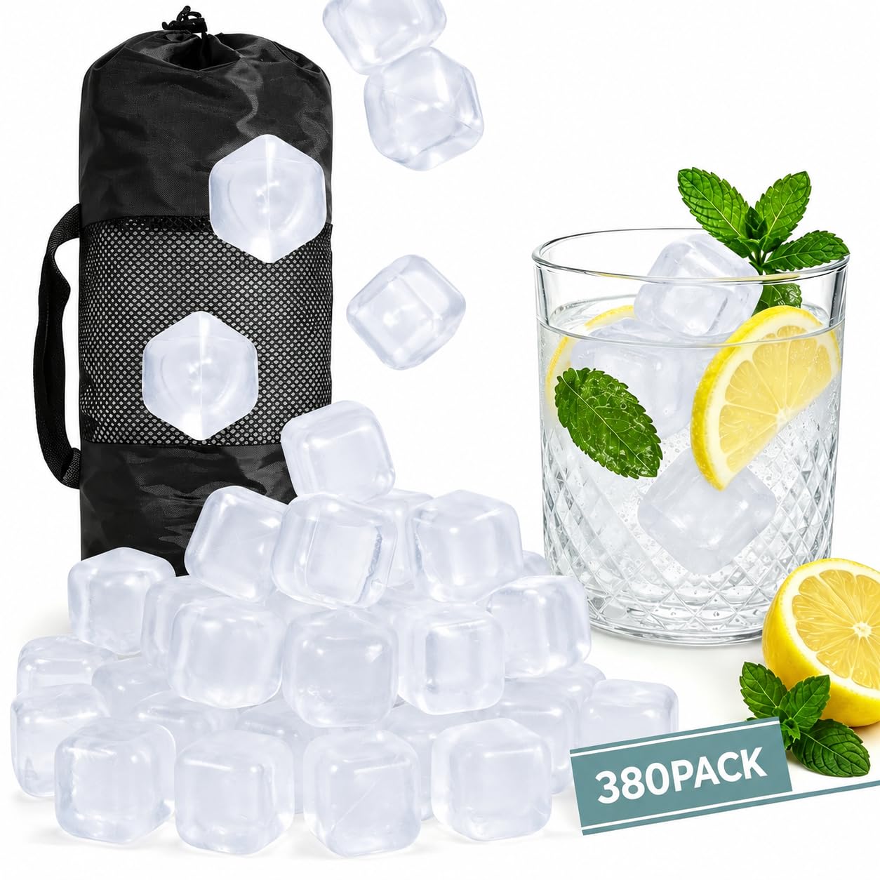 380 Pack Reusable Ice Cubes for Drinks, BPA-Free Plastic Ice Cubes, Refreezable & Washable Ice Cubes Reusable Without Diluting for Whiskey, Coffee, Parties, Camping & Ice Bath