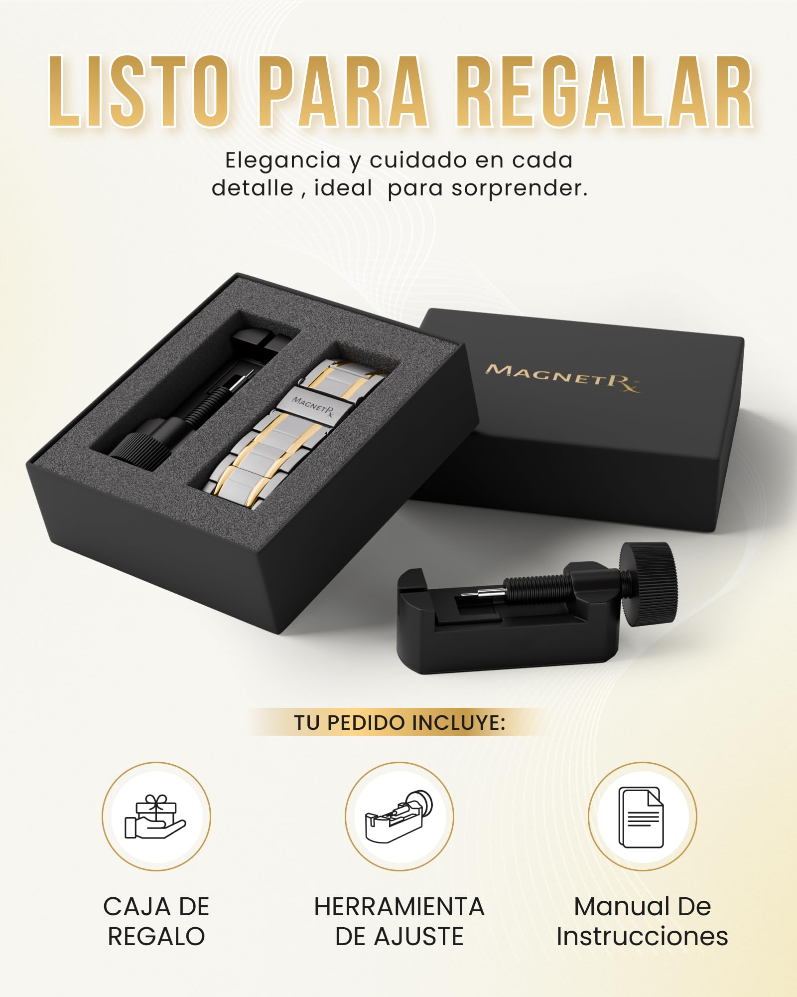 MagnetRX® Pulsera magnética de titanio 3X Fuerza – Pulseras magnéticas para hombre – Cierre plegable premium y longitud ajustable con herramienta de tamaño(Oro plateado)