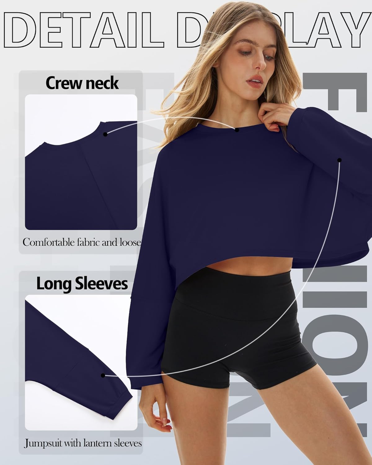 3 Pack Women's Lantern Long Sleeve Oversized Crop Tops Crew Neck Loose Pullover Sweatshirts Casual Workout Shirts(Black, Navy Blue, Fuchsia,Large) - Image 4