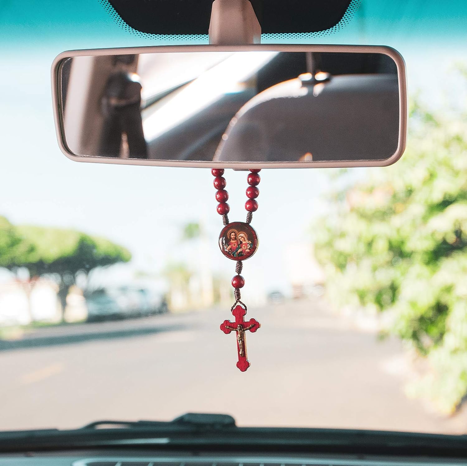 Intercession Car Rearview Mirror Rosary (Sacred Heart - Red) - Image 5