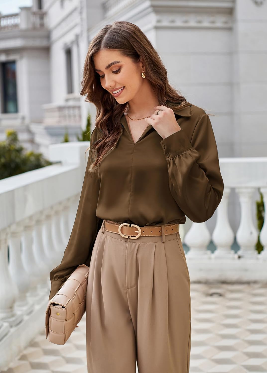GRACE KARIN Business Casual Tops for Women Satin Silk Blouse Collared V Neck Long Sleeve Work Shirts Dressy Tops Fall Clothes - Image 3
