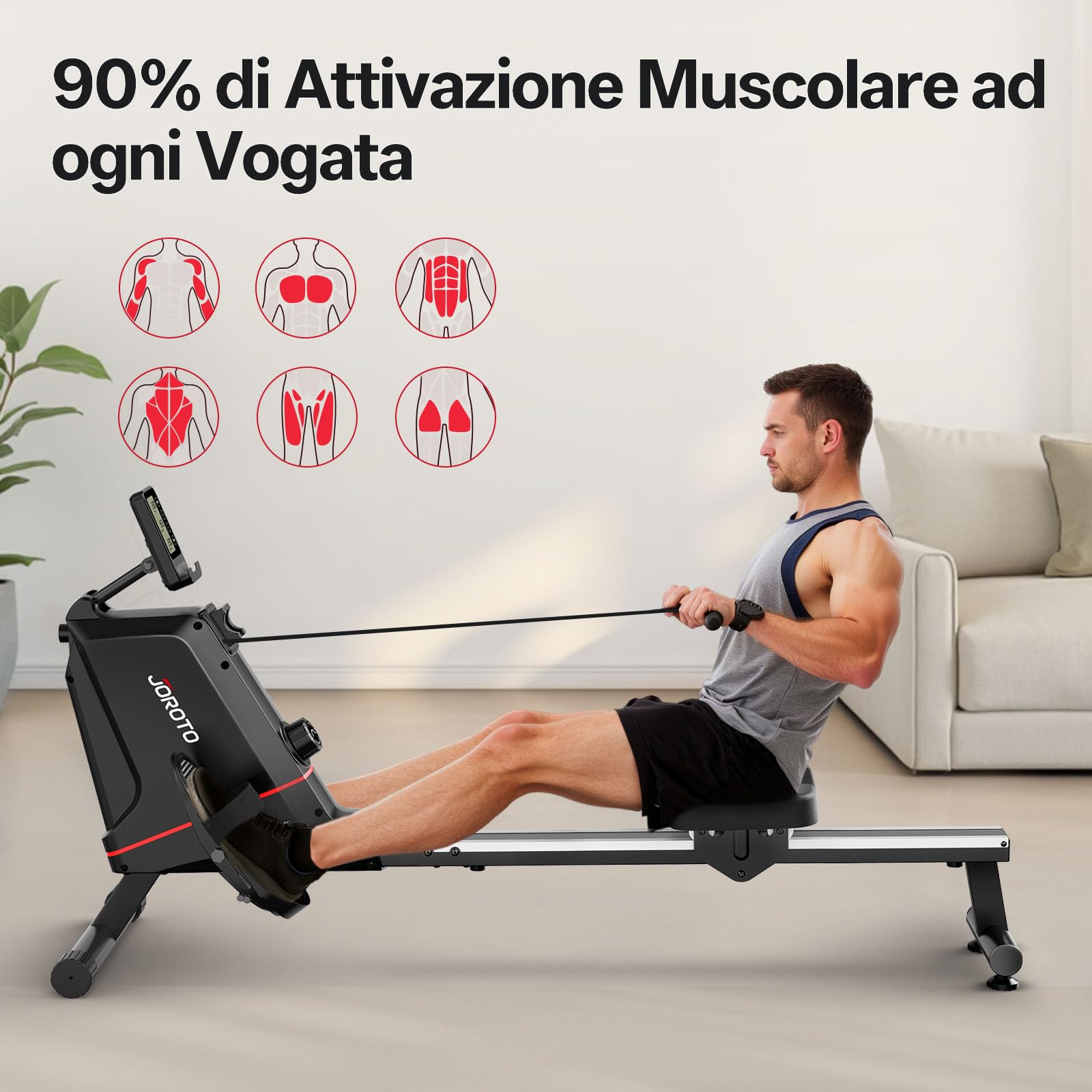 JOROTO Vogatore per Casa, Vogatore Magnetico Silenzioso con Monitor Bluetooth, Carico Massimo 160 KG, Facile da Montare, Stoccaggio Verticale, Salvaspazio