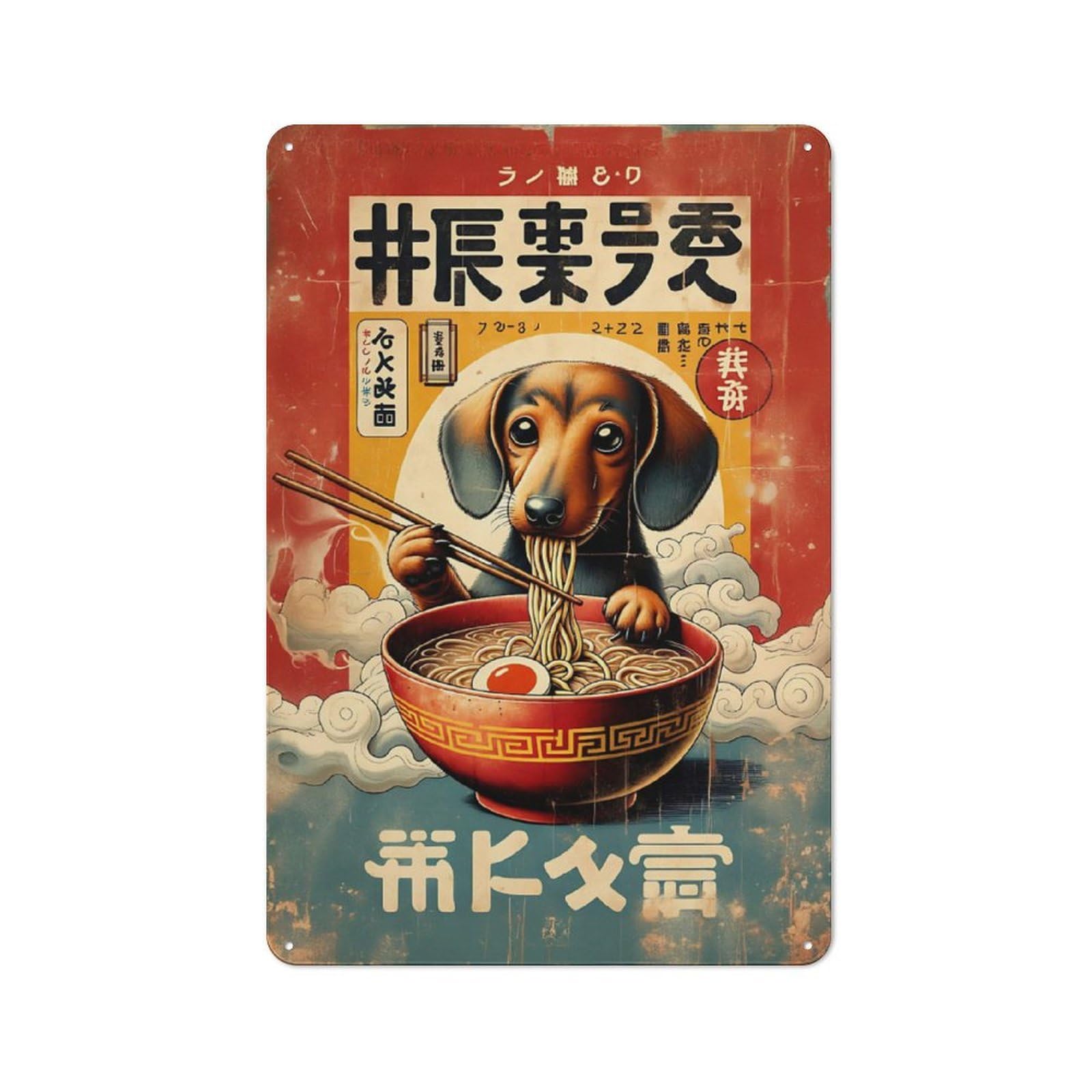 Junmoney Dachshund Eating Ramen Vintage Poster Vintage Metal Sign 30X20cm For Bar Or Restaurant, For Vintage Wall Decor Fans, For Living Room And Hallway Decor