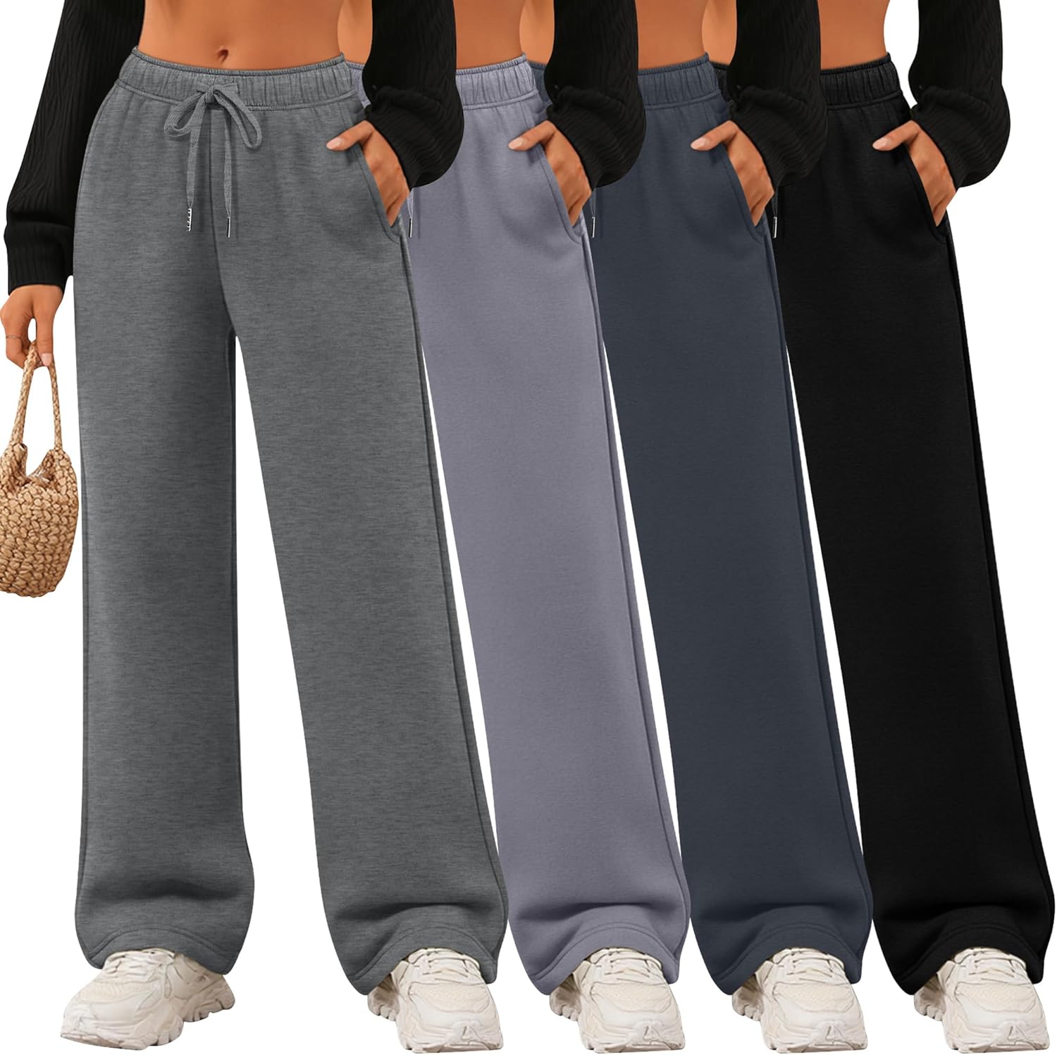 4 Pack Women's Wide Leg Sweatpants Drawstring Lounge Joggers for Women Straight Pants Elastic Waist with Pockets