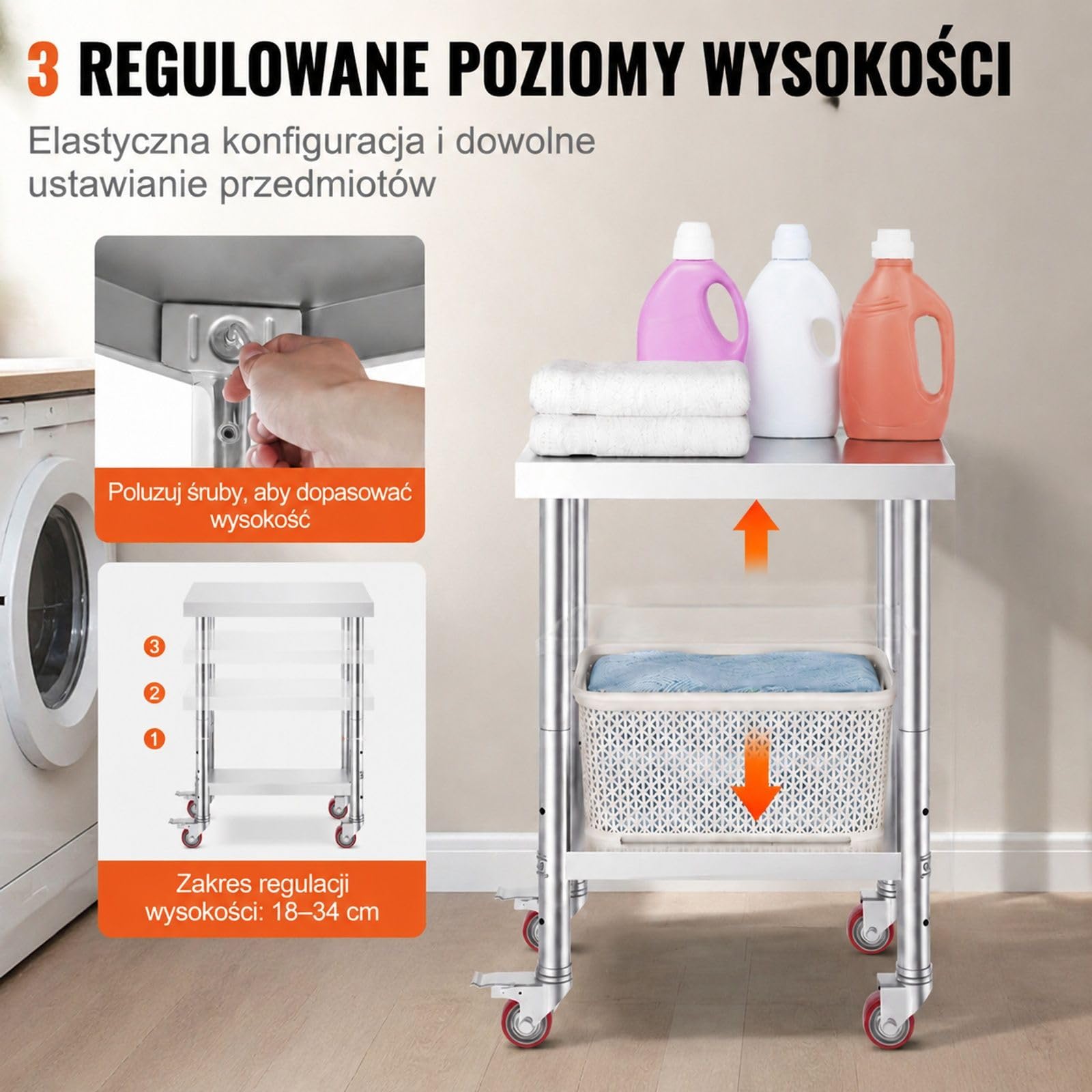 Stół roboczy ze stali nierdzewnej z dwiema półkami, regulowaną dolną półką i 4 kółkami do kuchni, baru i restauracji