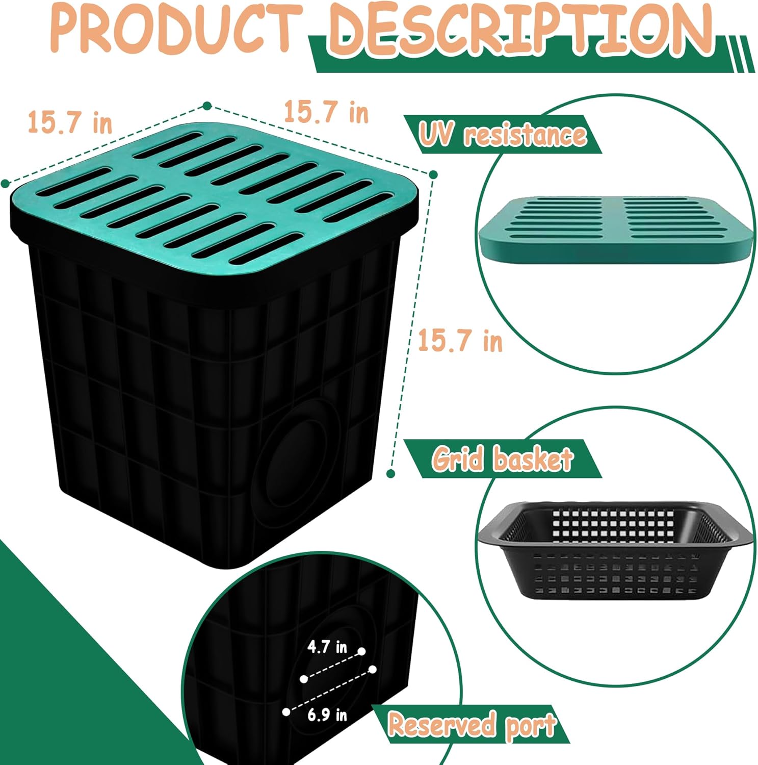 18x18x15 in large catch basin for drainage with debris basket,catch basin with fiber glass grate,french drain catch basin without pre drilled holes are suitable for courtyards, downspouts, lawns