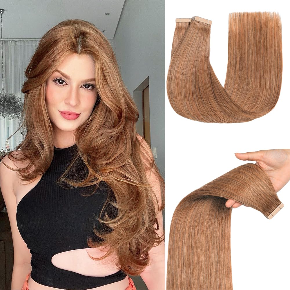 Tape in Hair Extensions Human Hair 20pcs Remy Hair Extensions 18 Inch Light Brown Straight Invisible Human Hair Tape in Extensions Skin Weft Tape