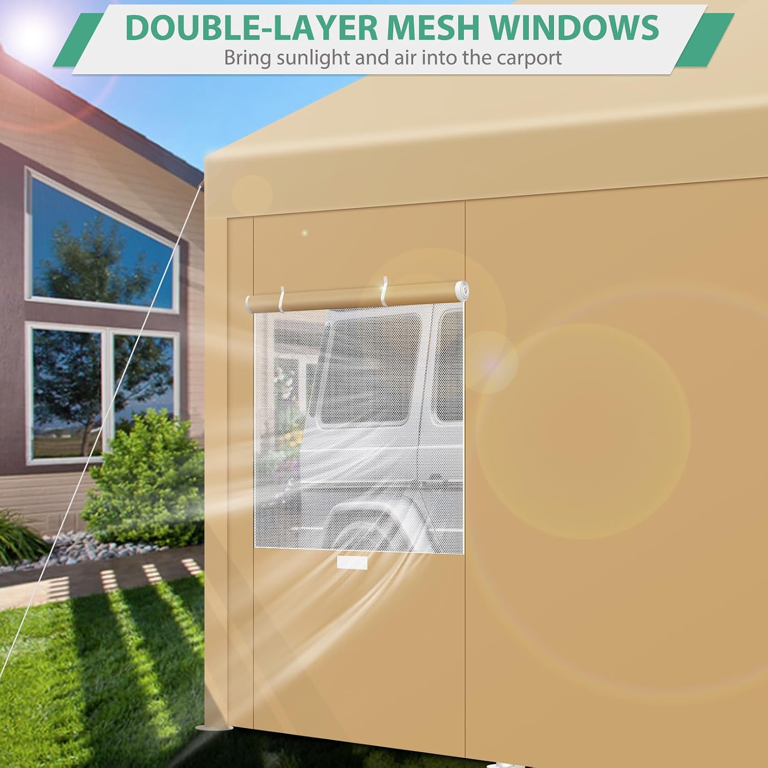 COBIZI Carport 10x20ft Heavy Duty Portable Garage, 2.0 Powder Coated Frame(Better Than Galvanized), Waterproof Shelter with Removable Sidewalls & Windows, Built-in Sandbags, for Car/Boat/SUV, Khaki