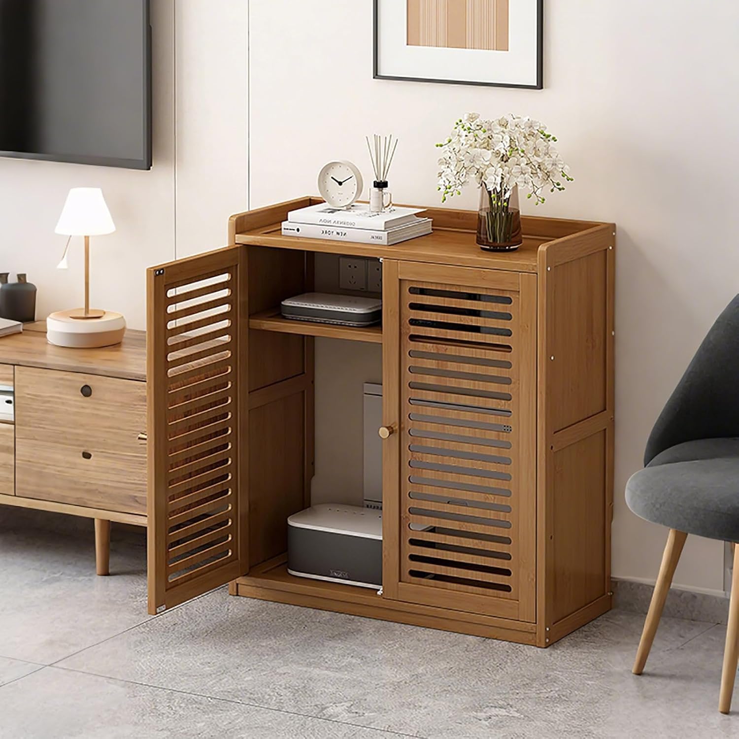 WiFi Router Hidden Box WiFi Router Box Hider Openwork Design Adjustable Shelves Ample Storage Ventilation and Heat Dissipation Easy Installation(60x25x66cm)