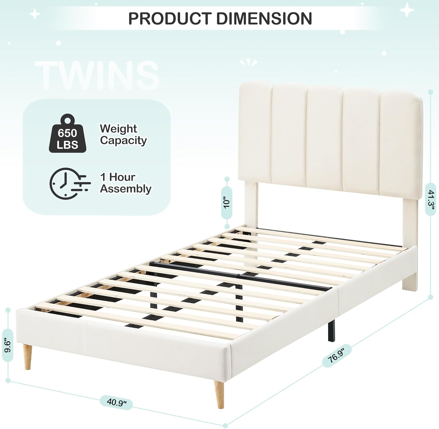 IDEALHOUSE Twin Bed Frame with Headboard, Velvet Upholstered Twin Platform Bed Frame for Girls, Strong Wooden Slats Support, Noise-Free, Easy Assembly (Beige)