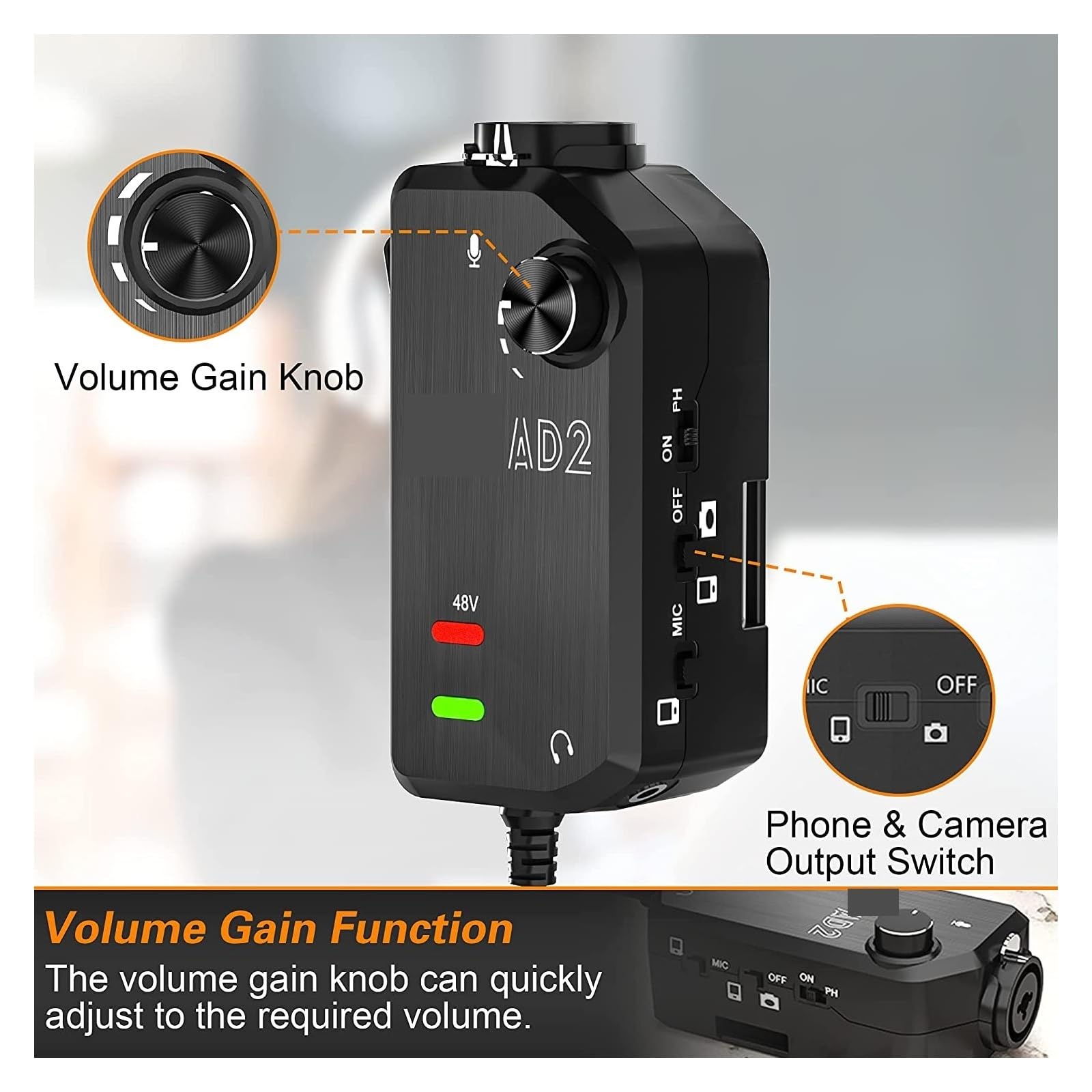Soundkarten-Kit, AD2 XLR/6,35 mm Audio-Vorverstärker-Adapter mit 48 V Phantomspeisung, Gitarrenschnittstelle, Mikrofon-Vorverstärker
