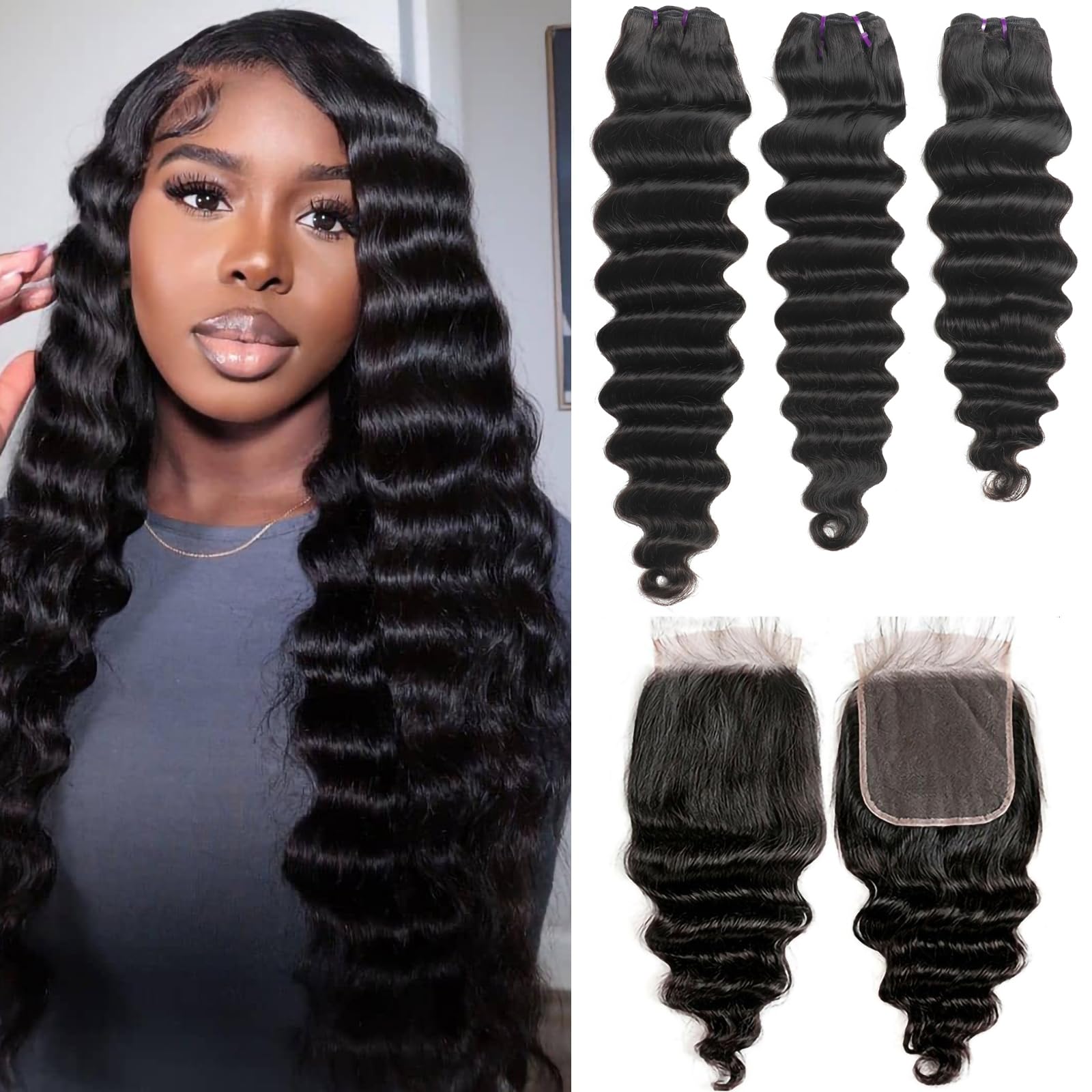 Amazon.com : Loose Deep Wave Bundles with Closure Human Hair  display picture 1