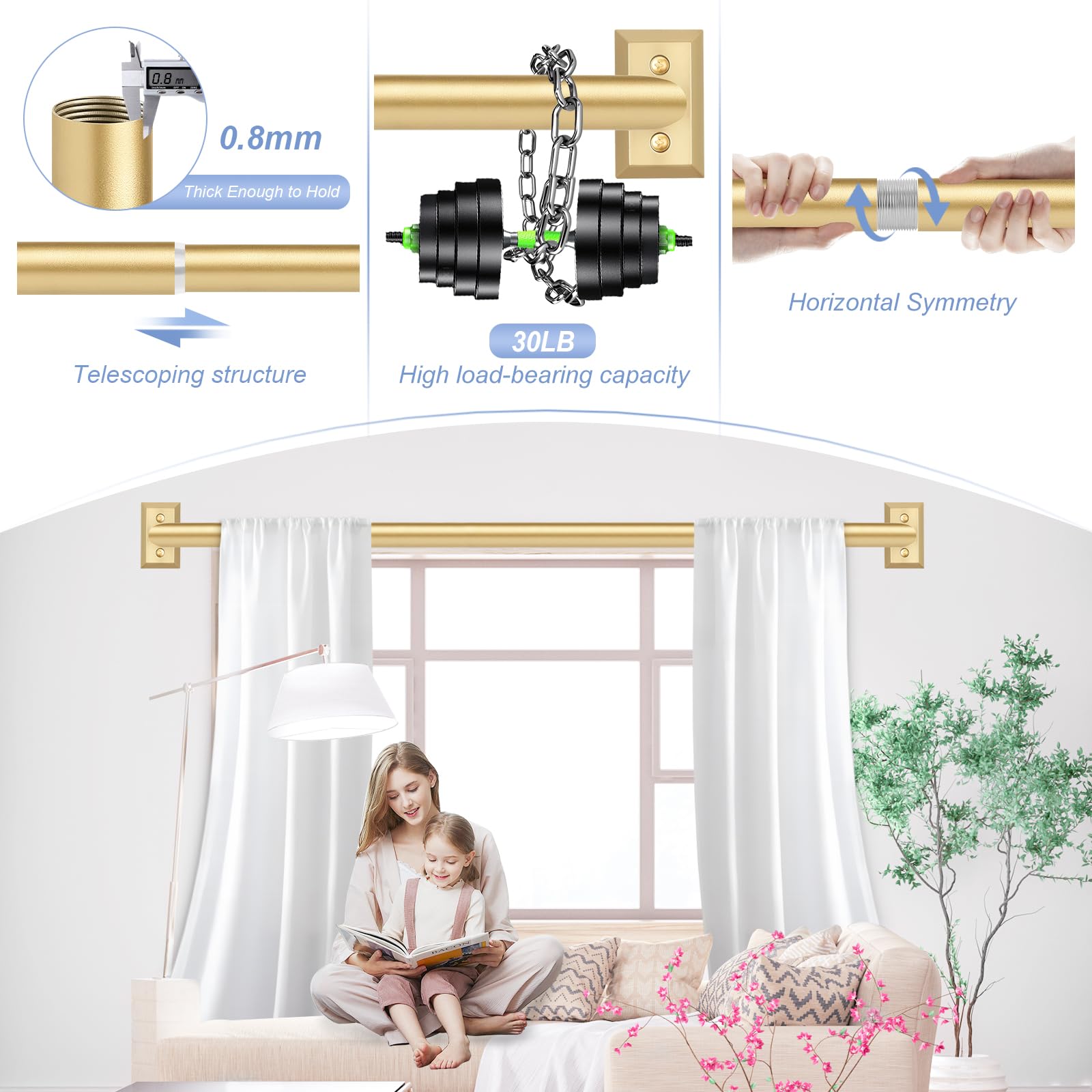 TANGWIN Gold Wrap Around Curtain Rods 2 Pack:Blackout Heavy Duty Adjustable Window Curtain Rod Room Darkening,Modern Industrial Curved French Return Metal Drapery Rods Easy Install,Brass Gold 48-90" - Image 2