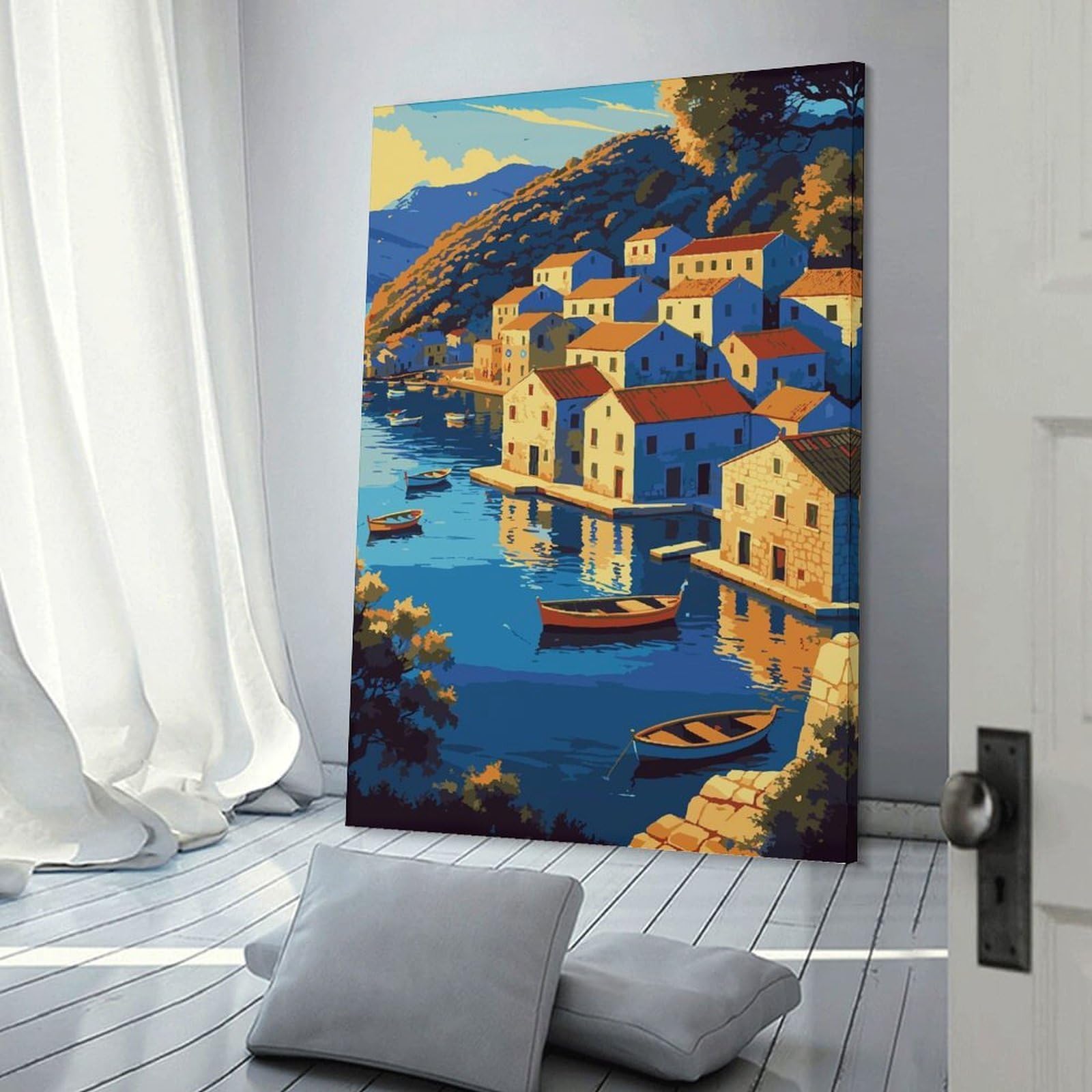 Junmoney Canvas Wall Decor Coastal Village with Boats And Reflections, 16x24inch(40x60cm), for Living Room, Bedroom, Office Or Hallway, Stylish Home Artwork for Focal Walls