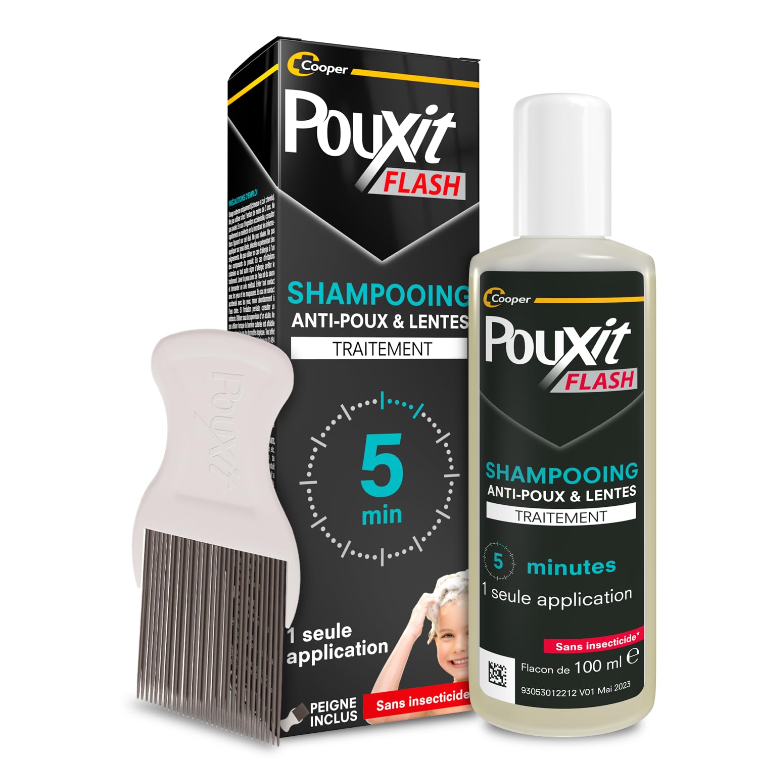 Pouxit - Flash - Shampooing Anti-poux et Lentes - Agit en 1 Application de 5 Minutes Seulement - Traitement du Cuir Chevelu - Lot de 2 - 2x100 ml