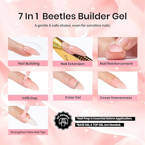 Miniatura 37 de Beetles Builder Gel de 0.5 onzas líquidas, gel fortalecedor 7 en 1 translúcido rosa nude, cepillo de extensión de uñas de gel UV en botella, no se