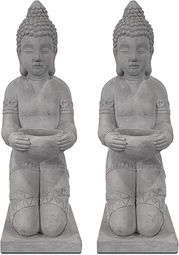 Kante Juego de 2 velas de cemento compuesto de 12.8 pulgadas de alto, estatuas de Buda de color verde azulado, decoración de mesa de hormigón