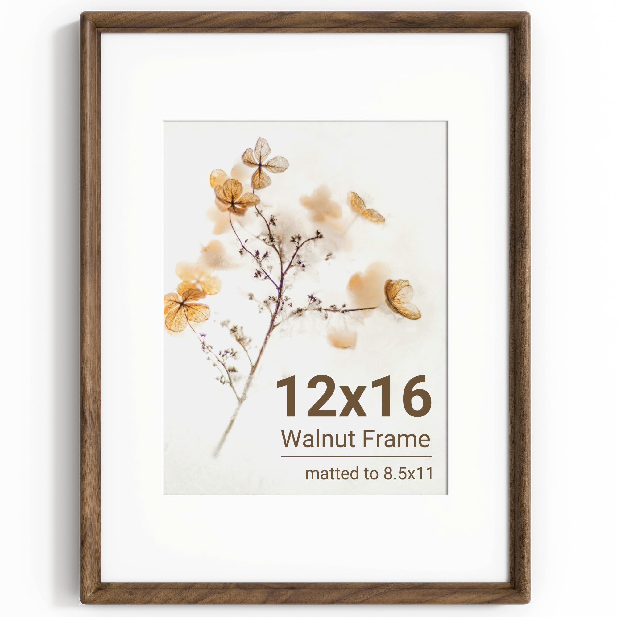 KovaScape 12x16 Photo Frame, Solid Walnut Wood Picture Frame with HD Tempered Glass, Handcrafted Real Wood Frame with Mount for 8.5x11 Photo, Rounded Corner Design, Wall Hanging