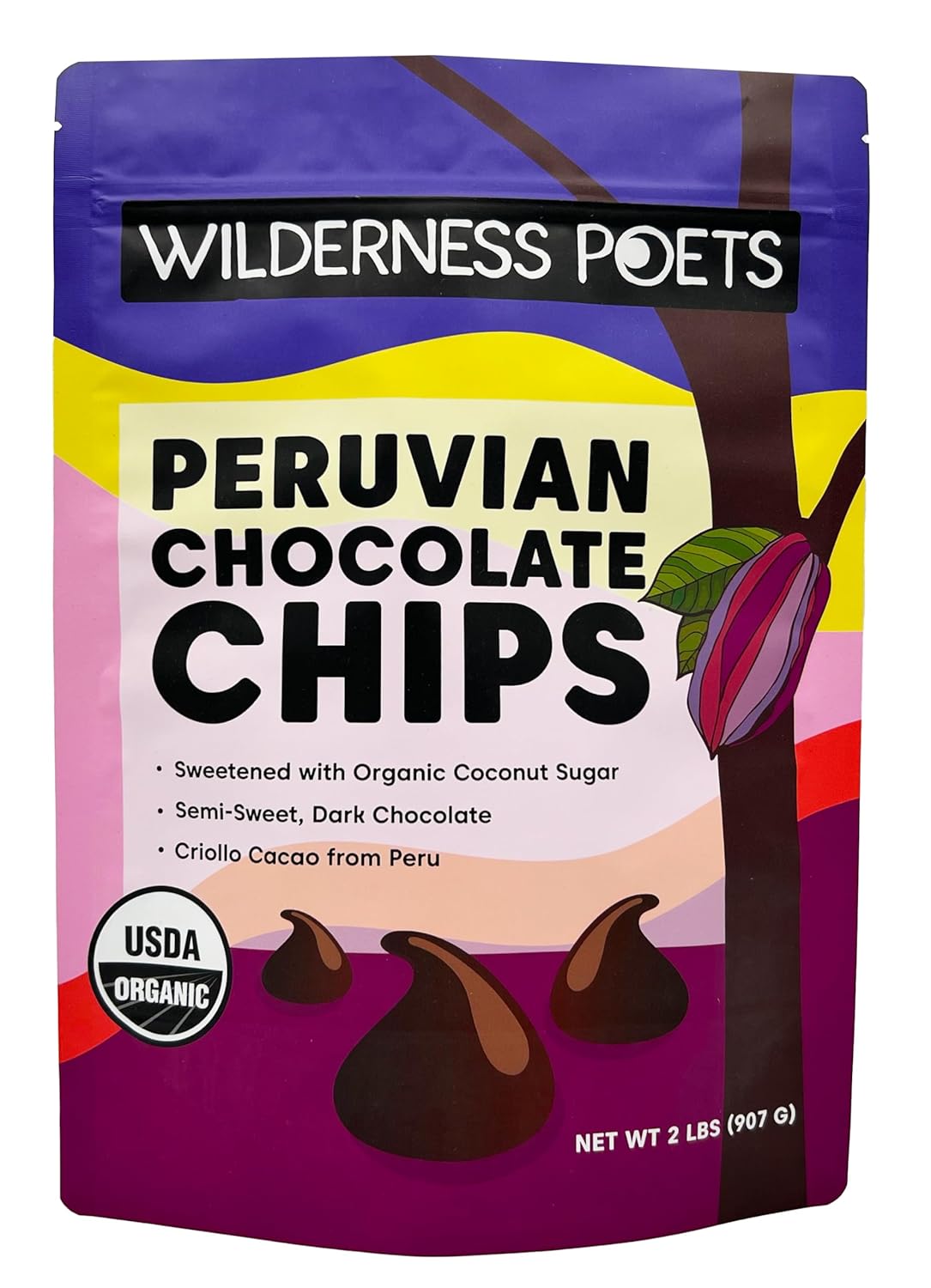 Wilderness Poets, Organic Chocolate Chips - Coconut-Sweetened - 3 Simple Ingredients - Dark Chocolate, Heirloom Peruvian Cacao (Criollo Variety) - 32 Ounce