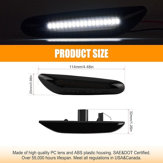 Gempro Sequential White LED Side Marker Light Turn Signal Lamps for BMW E84 E81 E82 E87 E88 E90 E91 E92 E93 E46 E53 X3 E83 X1 Smoke Len, 2PCS