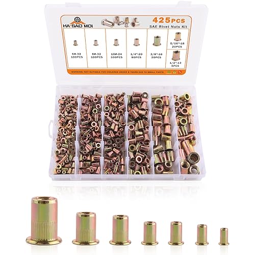 425pcs Rivet Nut Kit, SAE UNC Rivet Nuts Assortment, Zinc Plated Finish, Carbon Steel Flat Head Insert Threaded Rivet Nut Tool Kit with