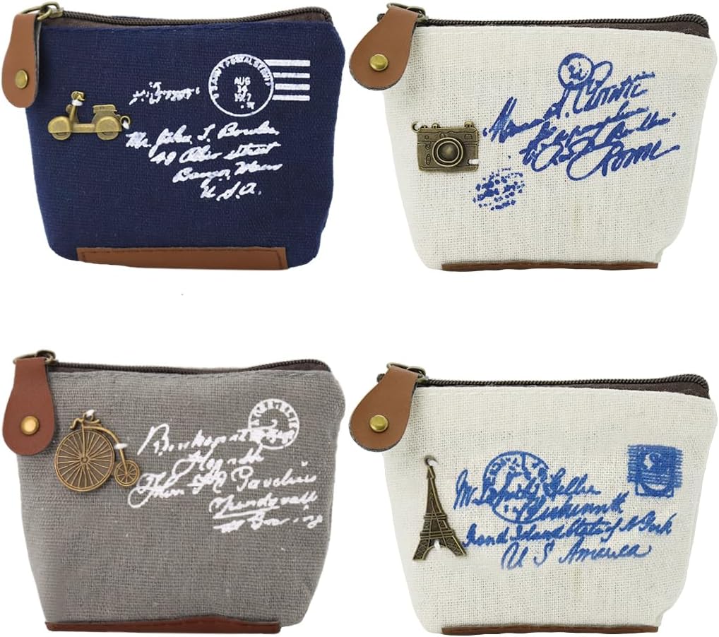 ZIBUYU® 4pcs Cute Decor Coin Pouch, Mini Wallet Card Bag Coin Canvas Coin Purse Change Cash Bag Zipper Small Purse Wallets for Women Girls Kids, Retro Style, 4 Pack, Free Size