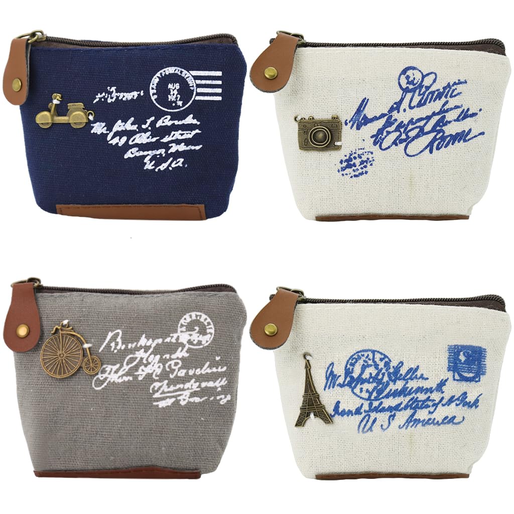 4pcs Cute Decor Coin Pouch,Canvas Coin Purse Change Cash Bag Zipper Small Purse Wallets for Women Girls Kids