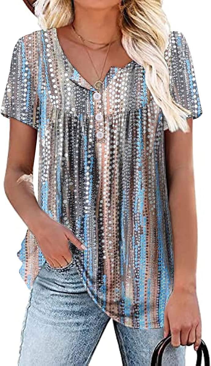 Womens Summer Plus Size Tops Blouses Short Sleeve Shirts Lace Pleated Tunic Tops M-4XL