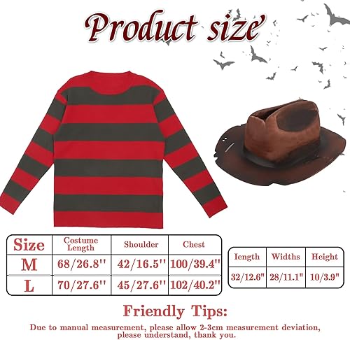 Miniatura 7 de vickkt 4 piezas de disfraz de Krueger aterrador de Halloween para hombres, suéter a rayas rojas, máscara espeluznante, guante de garra de acero,